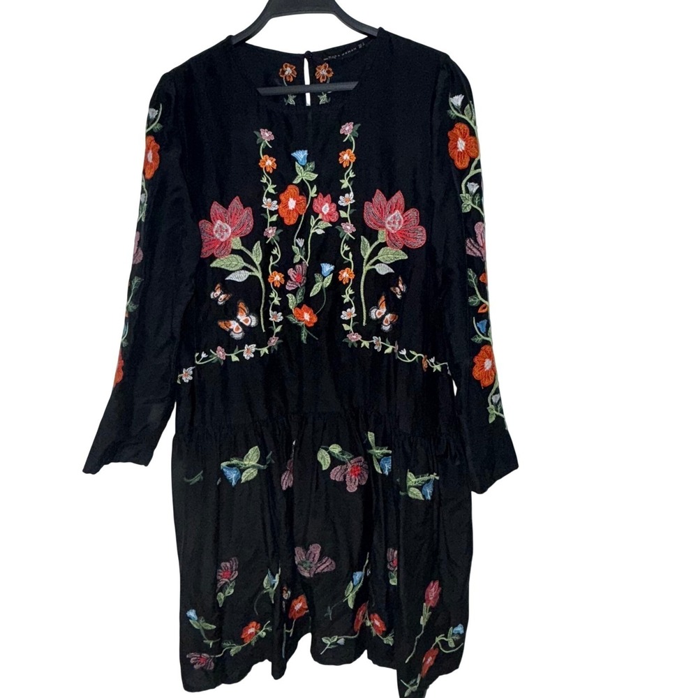 Black Embroidered Floral Butterfly Dress Size S Boho Festival Country Prairie - Picture 2 of 8